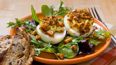Deviled Eggs with Cajun-Spiced Walnut Crumb Topping