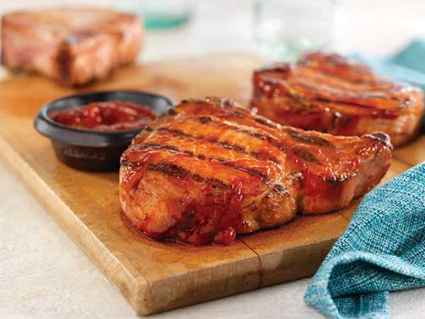 Grilled Ribeye Pork Chops with Easy Spicy BBQ Sauce