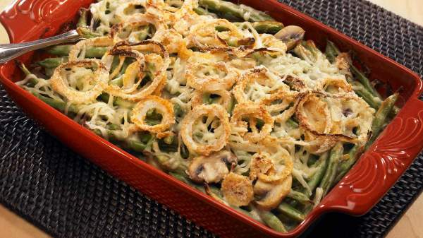 Green Bean Casserole with Spicy Onion Rings